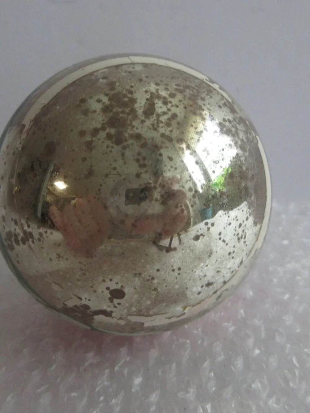 Shiny Brite Stencil Silent Night Pink Blue Striped Glass Christmas Ornament Vtg